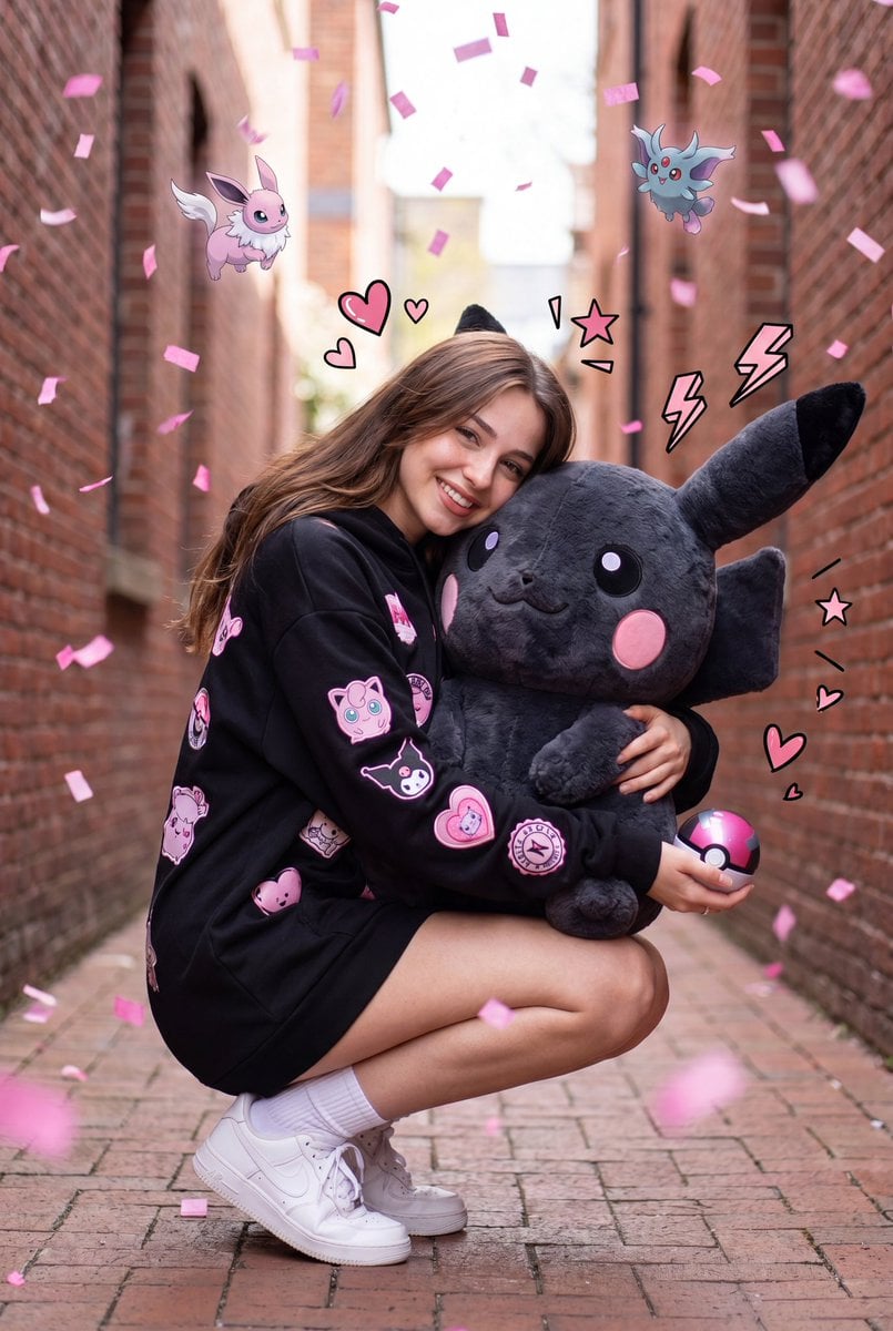 A hyper-realistic full-body portrait of a cute young woman crouching in a narrow urban al…