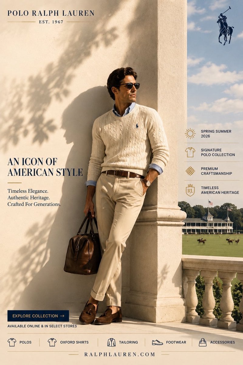 CREATE A LUXURY FASHION BRAND SOCIAL MEDIA CAMPAIGN POSTER FOR POLO RALPH LAUREN, DESIGNE…