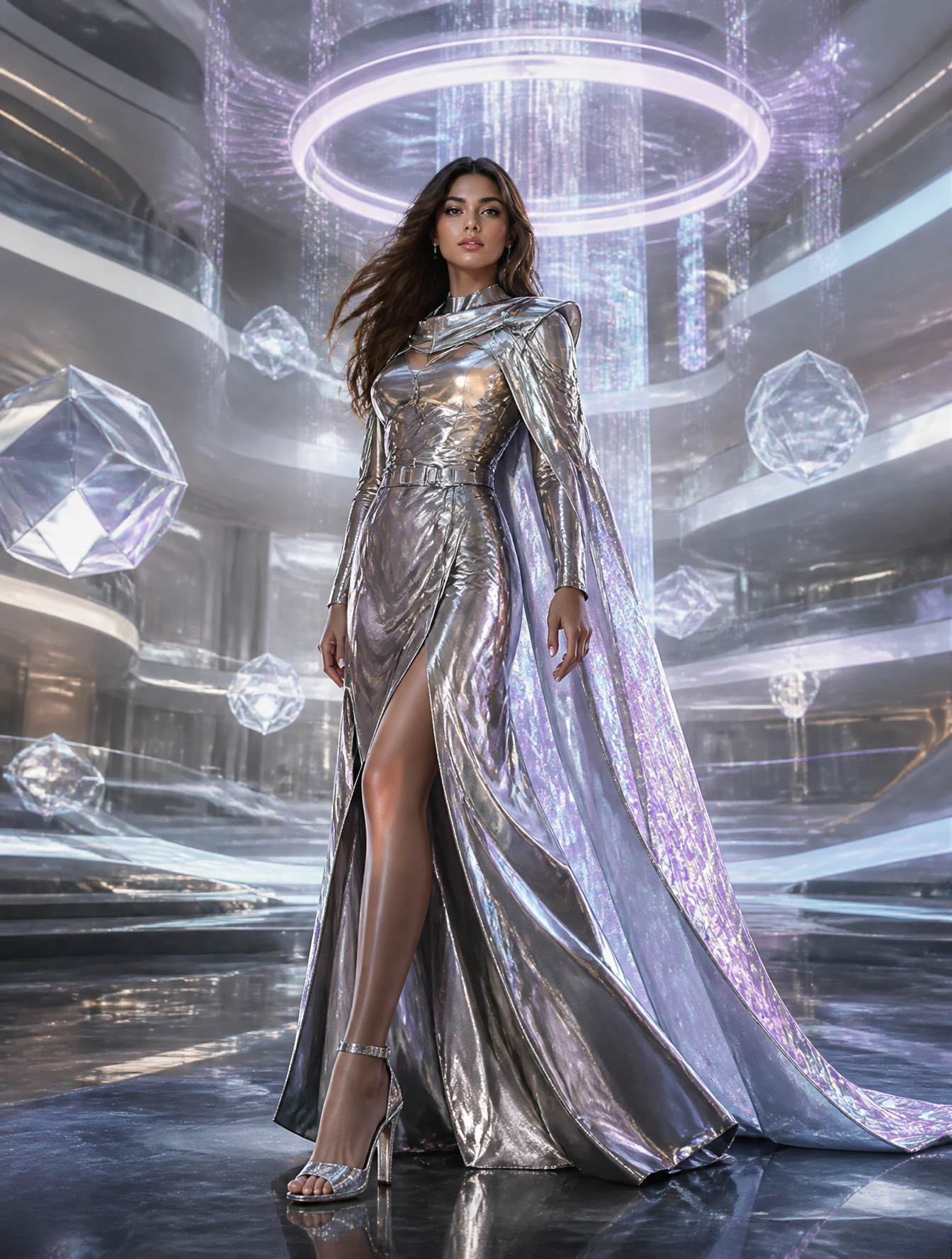 Ultra-realistic futuristic luxury fashion editorial featuring a confident young woman sta…