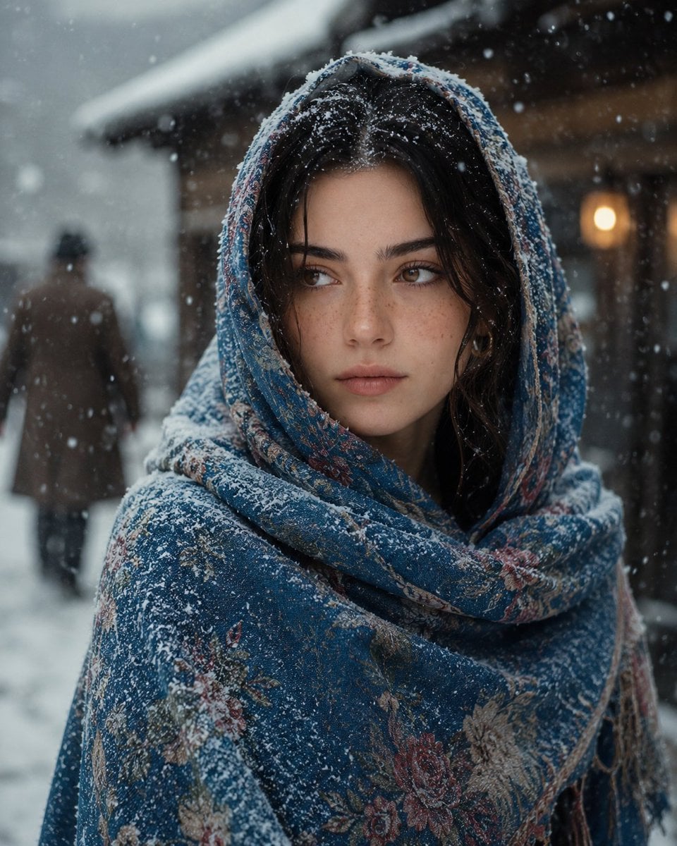 A cinematic portrait of a young woman standing in a snowy village, softly falling snowfla…