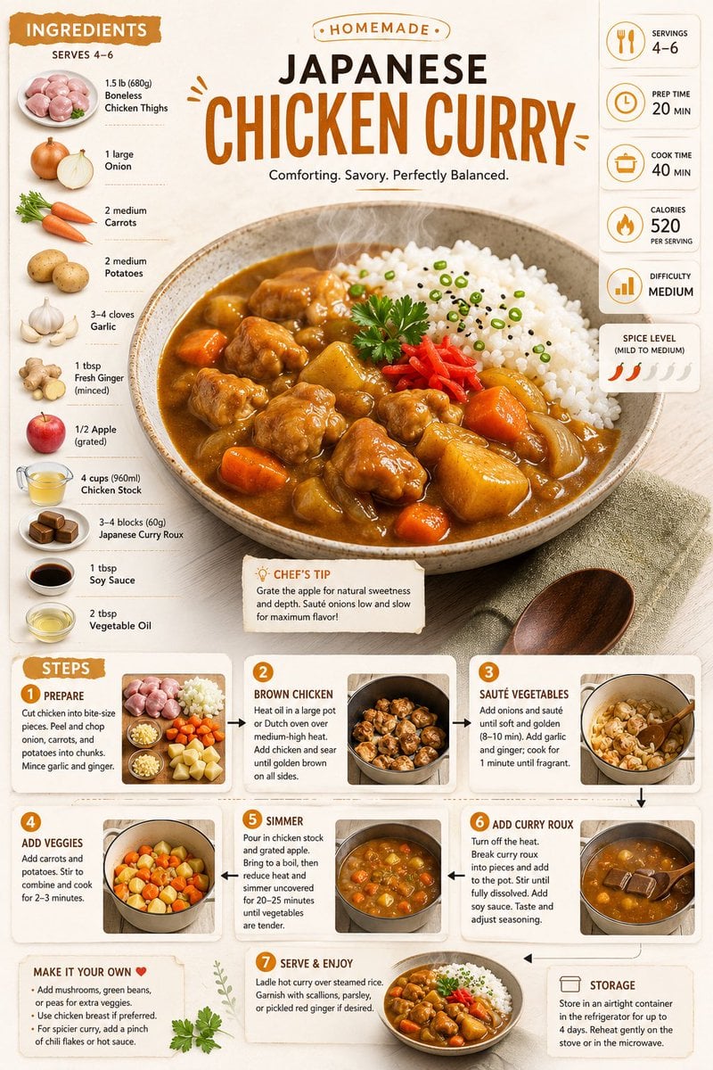 “Create an ultra-clean modern recipe infographic. Showcase a generous serving of Japanese…