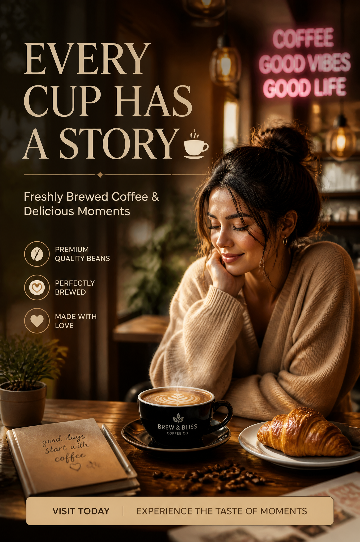 🎯 PROMPT (Cafe Advertisement | Ultra HD | Gen Z Aesthetic | Premium Editorial Style)Creat…