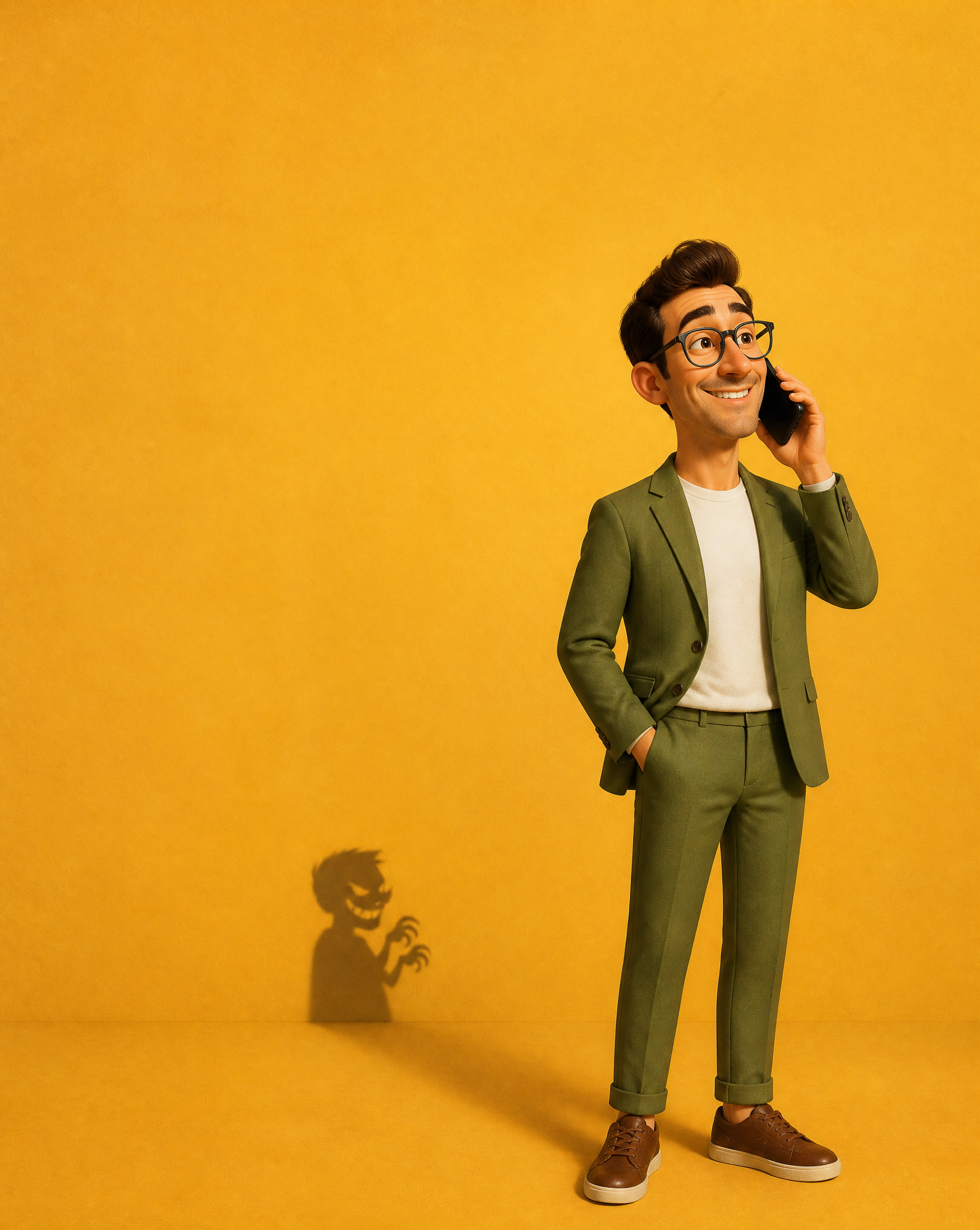 A high-resolution vertical Pixar-style 3D character illustration. Visual irony concept, m…