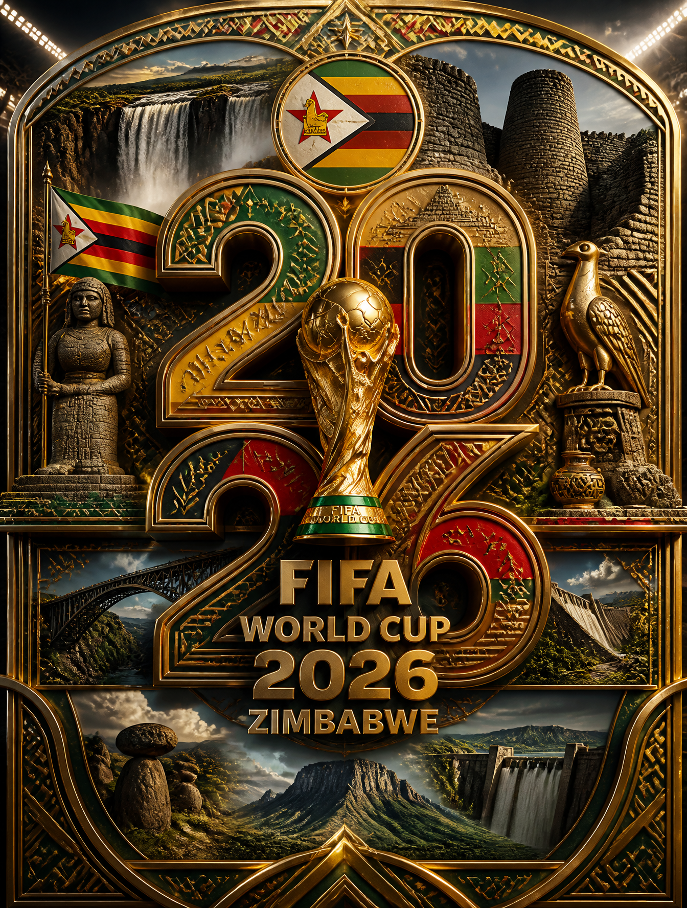 Ultra-detailed luxury 3D FIFA World Cup 2026 Zimbabwe poster. Massive layered "2026" typo…