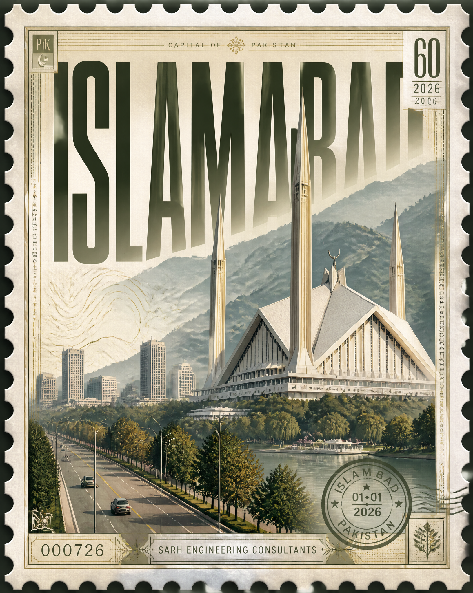 Design a premium 4:5 collectible postal-stamp poster for ISLAMABAD, where the entire comp…