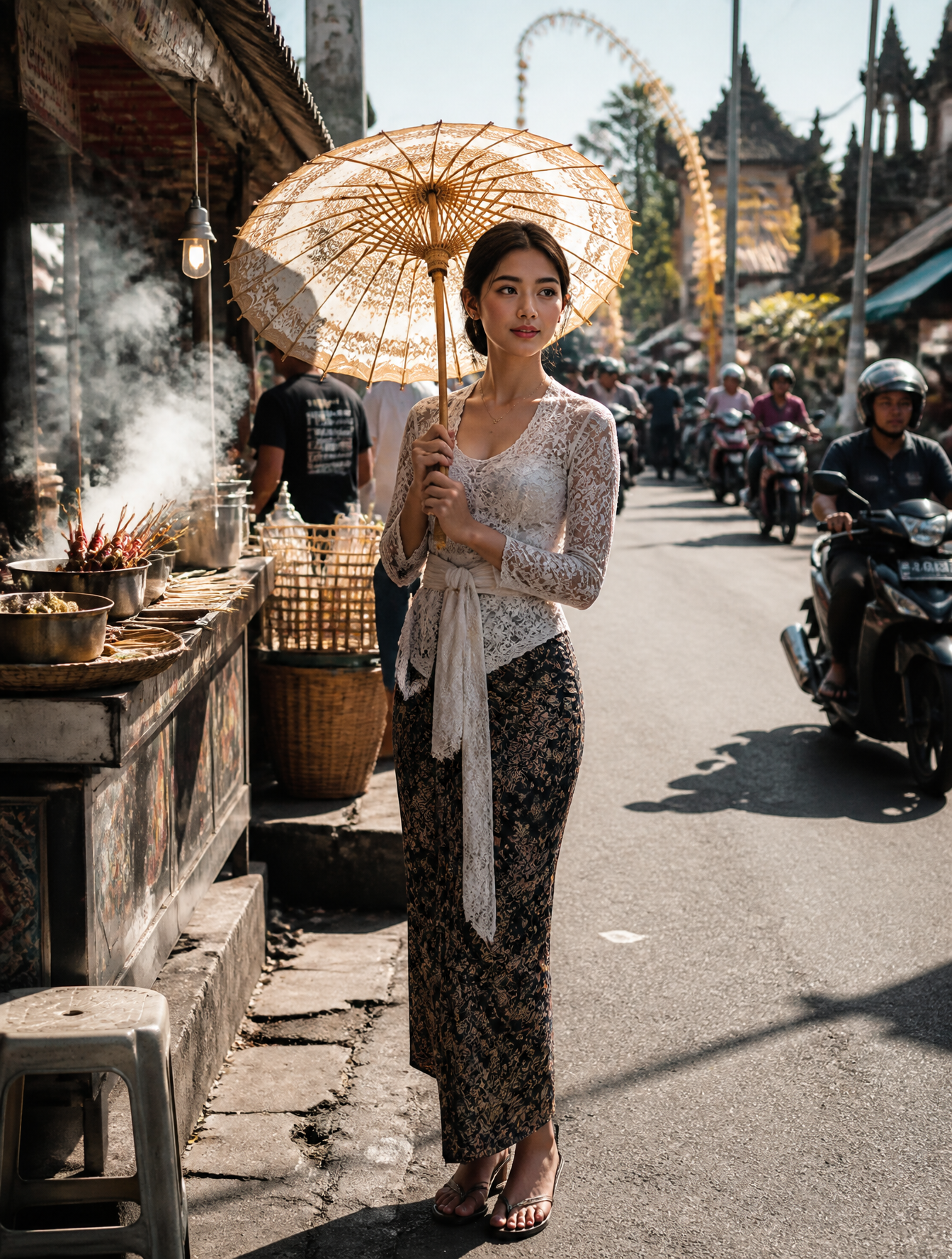 A beautiful Balinese woman with fair skin and a slender, shapely figure stands calmly in …