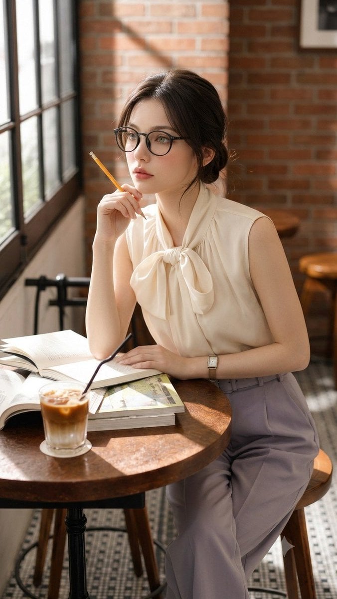 A high-fidelity lifestyle photography portrait of a beautiful young East Asian woman with…