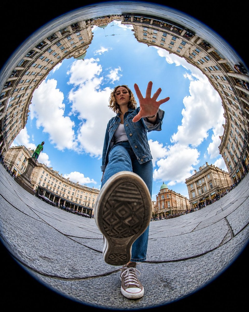 Ultra-realistic action photography, extreme fisheye lens, 8mm, worm’s-eye view from groun…