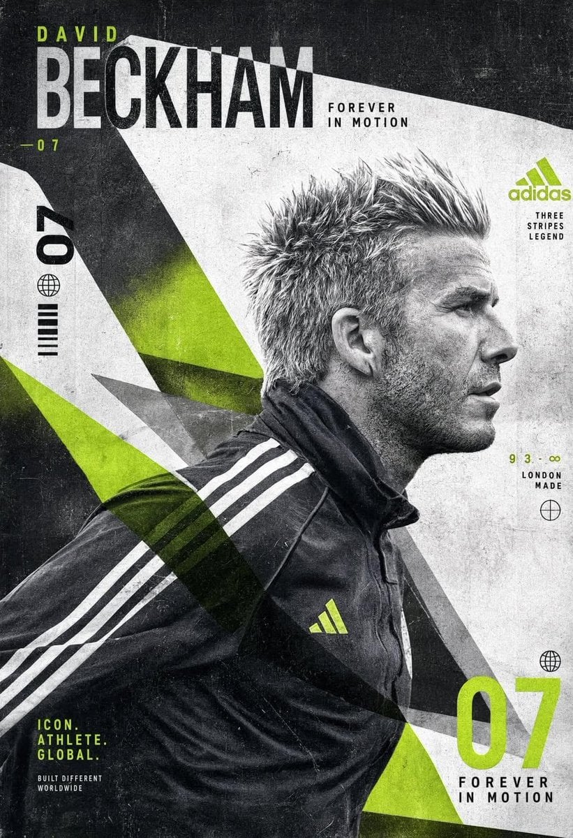 Create an experimental David Beckham poster built around a striking side-profile portrait…