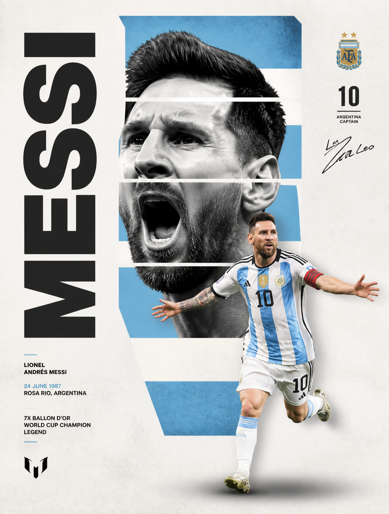 A professional sports graphic design poster of Lionel Messi, designed in a clean, modern,…