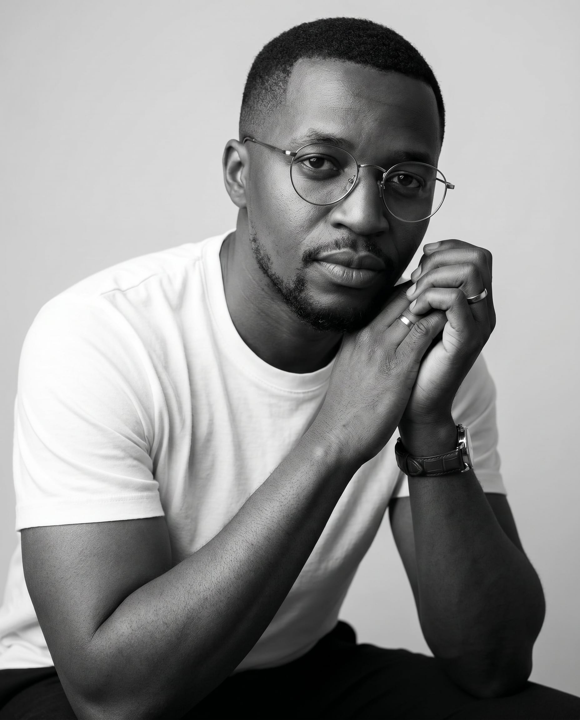 high-end black and white indoor studio portrait of the same person as the reference image…
