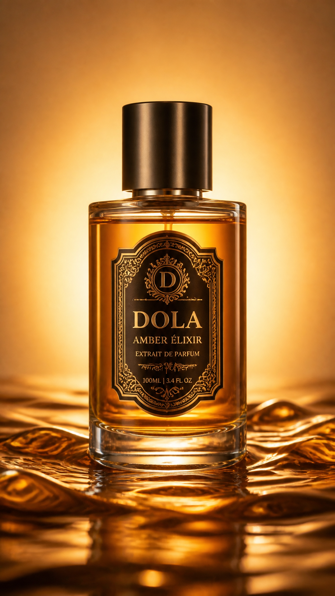 A cylindrical glass perfume bottle sits centered on a bed of viscous, rippling amber liqu…