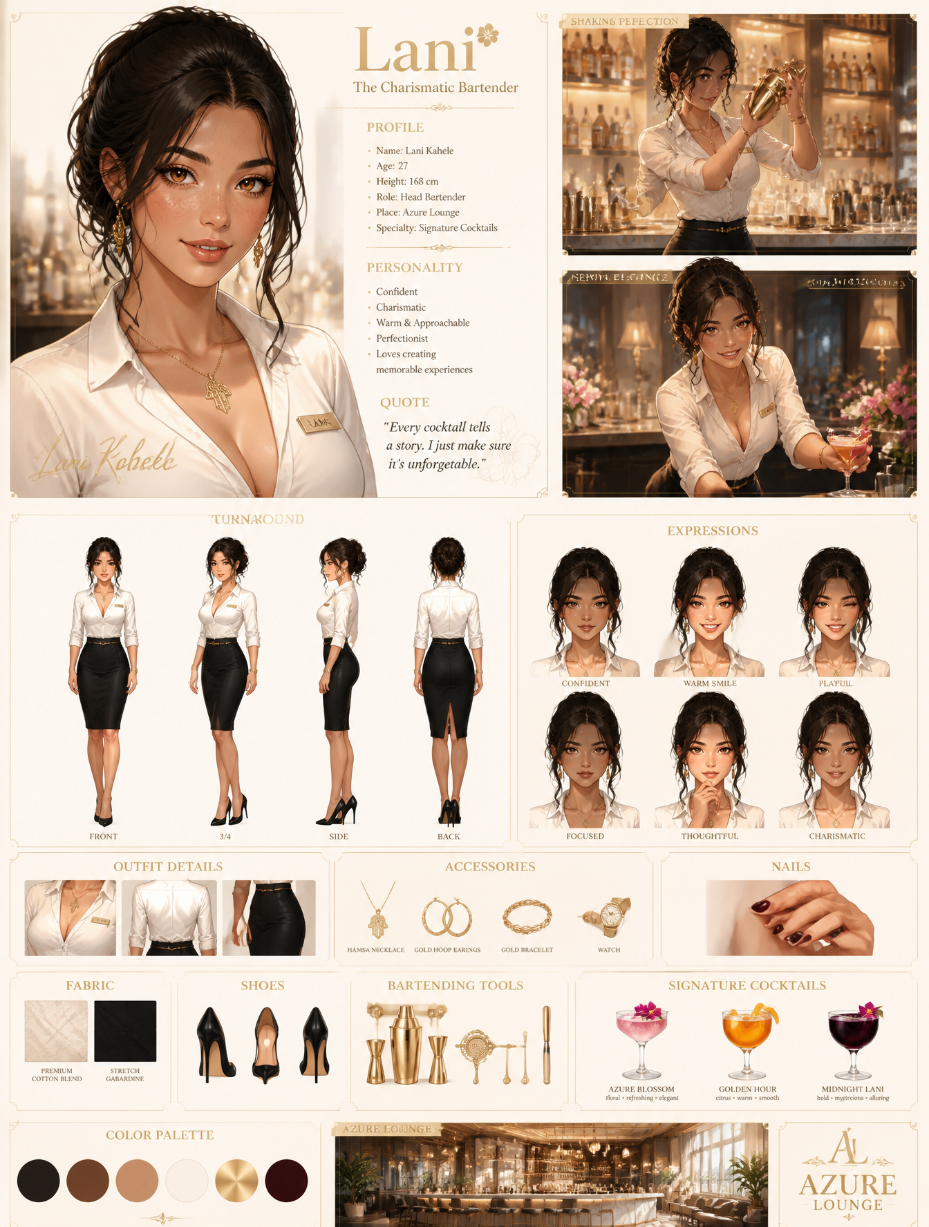 Create a premium anime-style character sheet of a classy, charismatic, beautiful female b…
