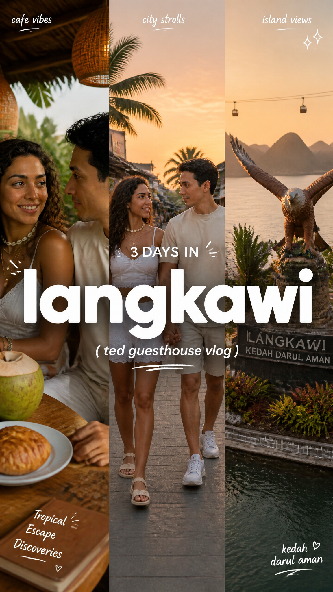 Create a 9:16 image in the "Clean Triptych Travel Vlog Thumbnail" style.