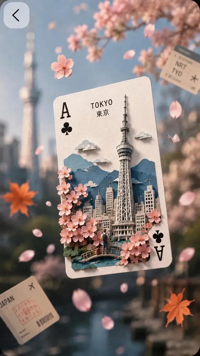 Ultra-detailed fantasy travel poster inspired by Japan, featuring a floating Jack of Spad…