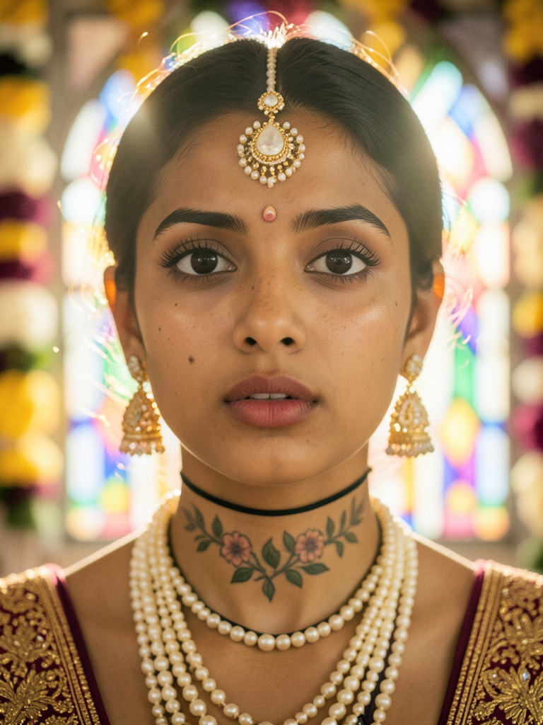 A striking portrait of a young woman in her 20s captured in a soft-focus, ethereal gaze, …