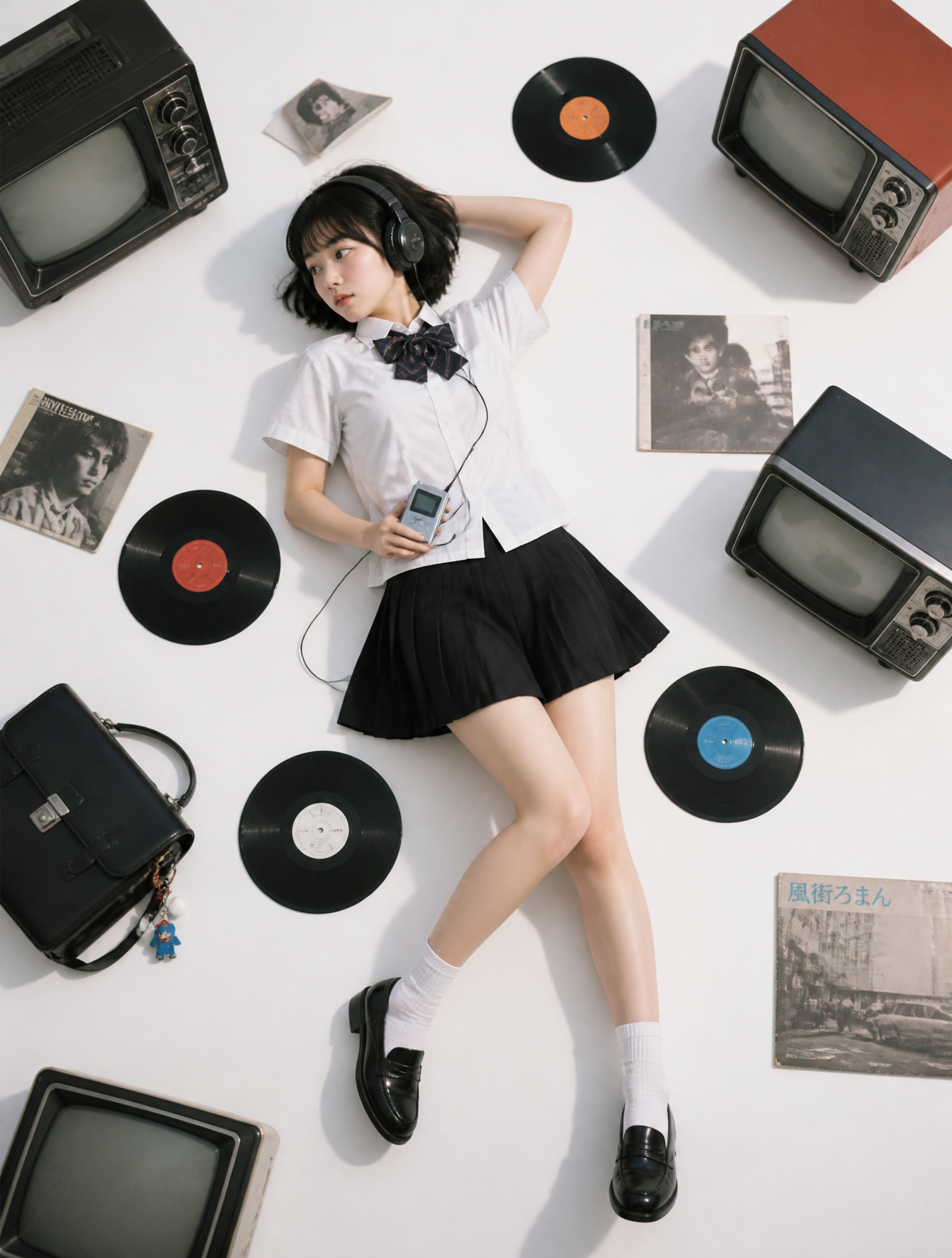 A top-down perspective of a short-haired Japanese high school girl lying on a white floor…
