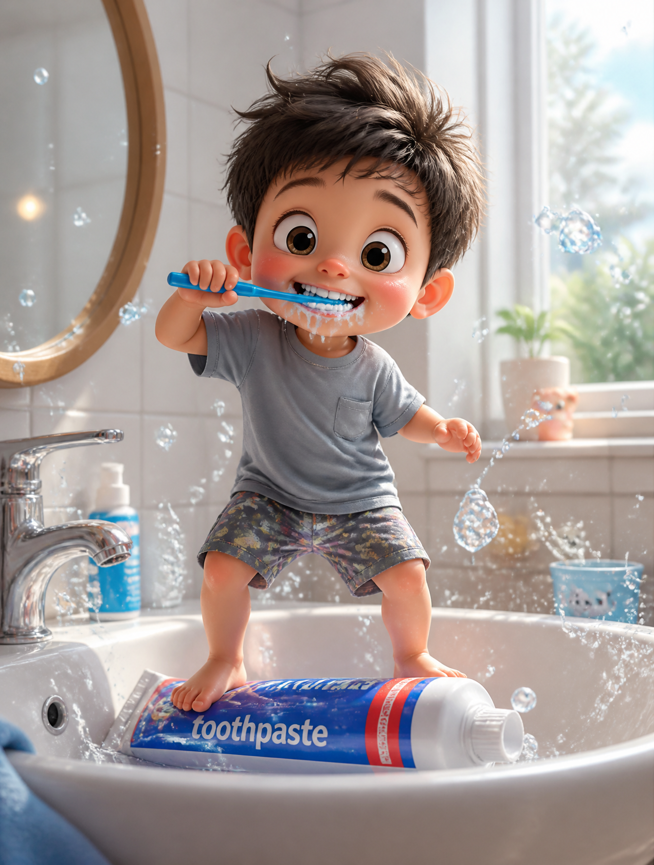A whimsical, ultra-detailed 3D illustration of a cute toddler boy with an oversized head …