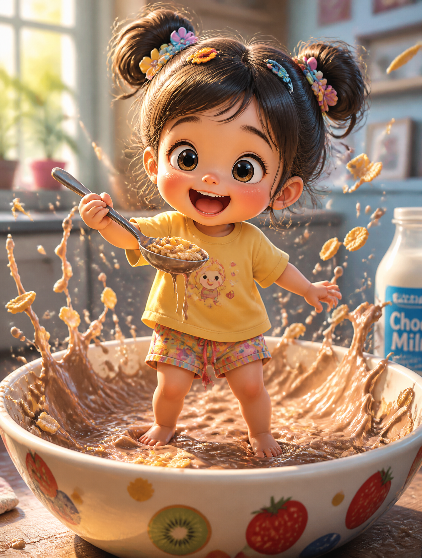 A whimsical, ultra-detailed 3D illustration of a cute toddler girl with an oversized head…
