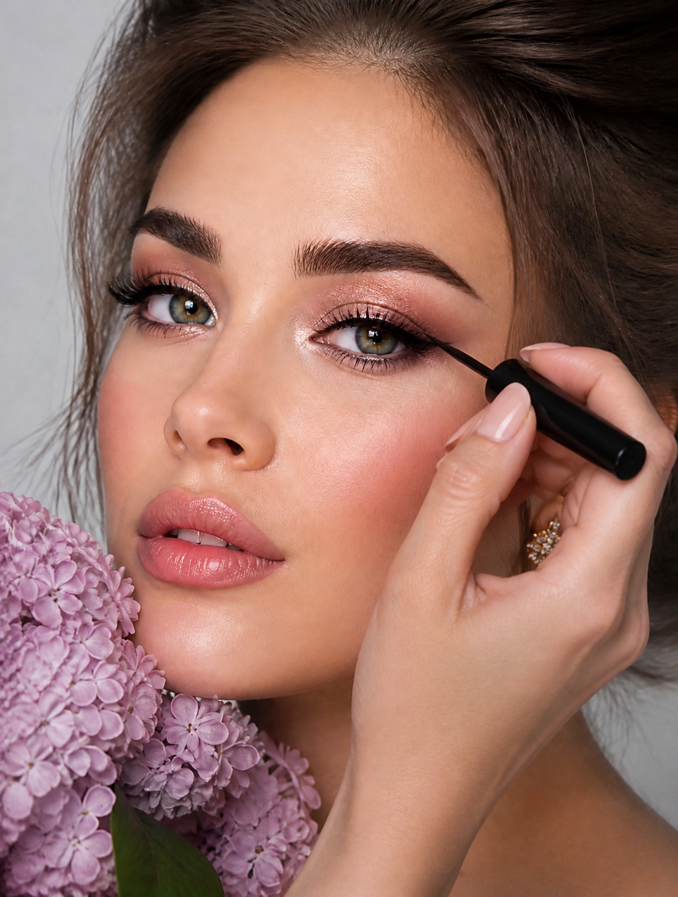 professional studio shooting for the cover of a fashion magazine, a girl with her eyes op…