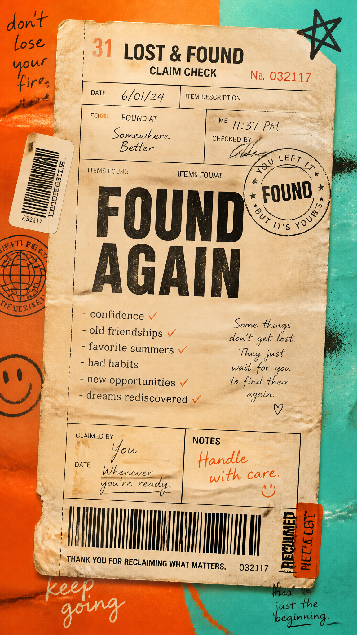 A premium 9:16 youth-culture editorial poster.Main Subject:A giant realistic Lost & Found…