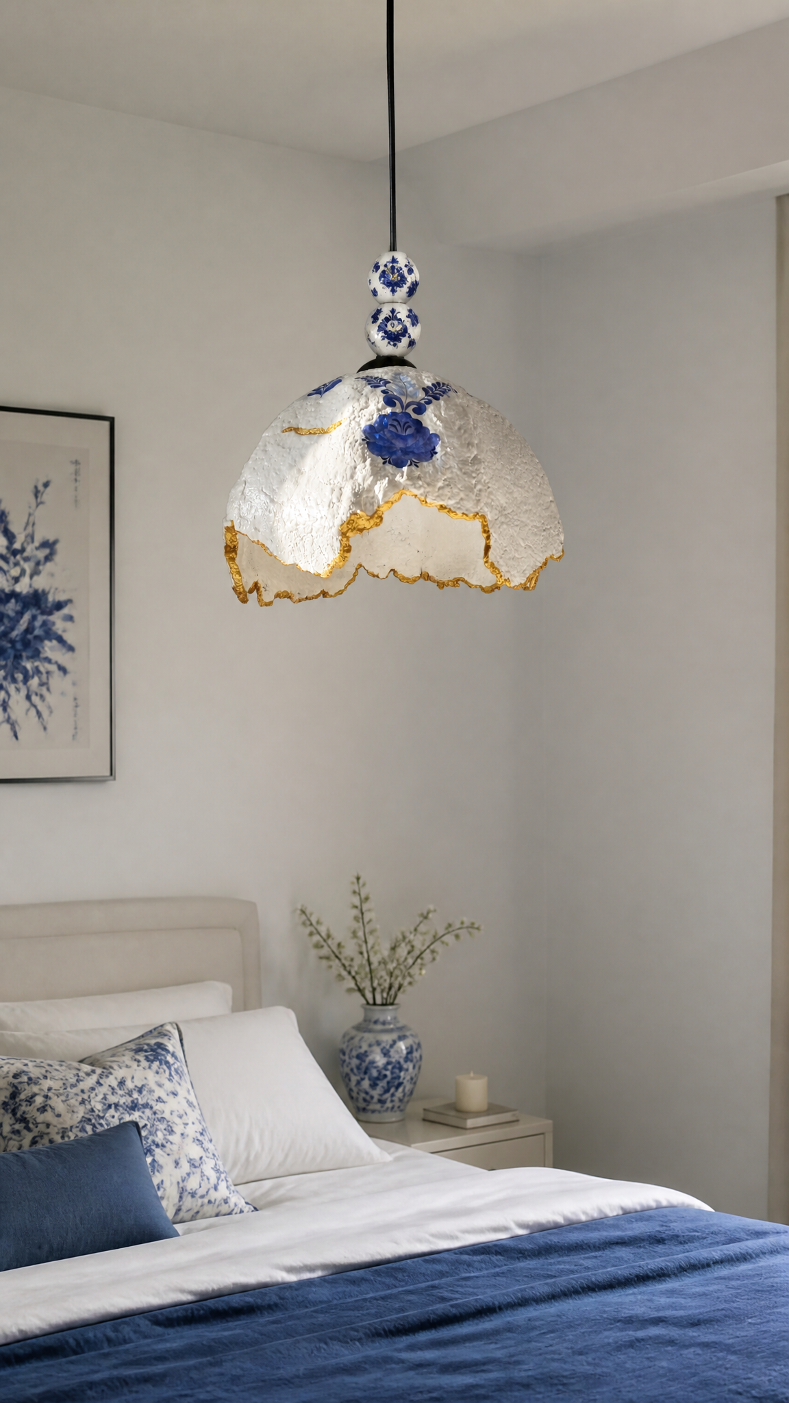 A handcrafted papier-mâché pendant lamp features a rugged, irregular dome shape finished …