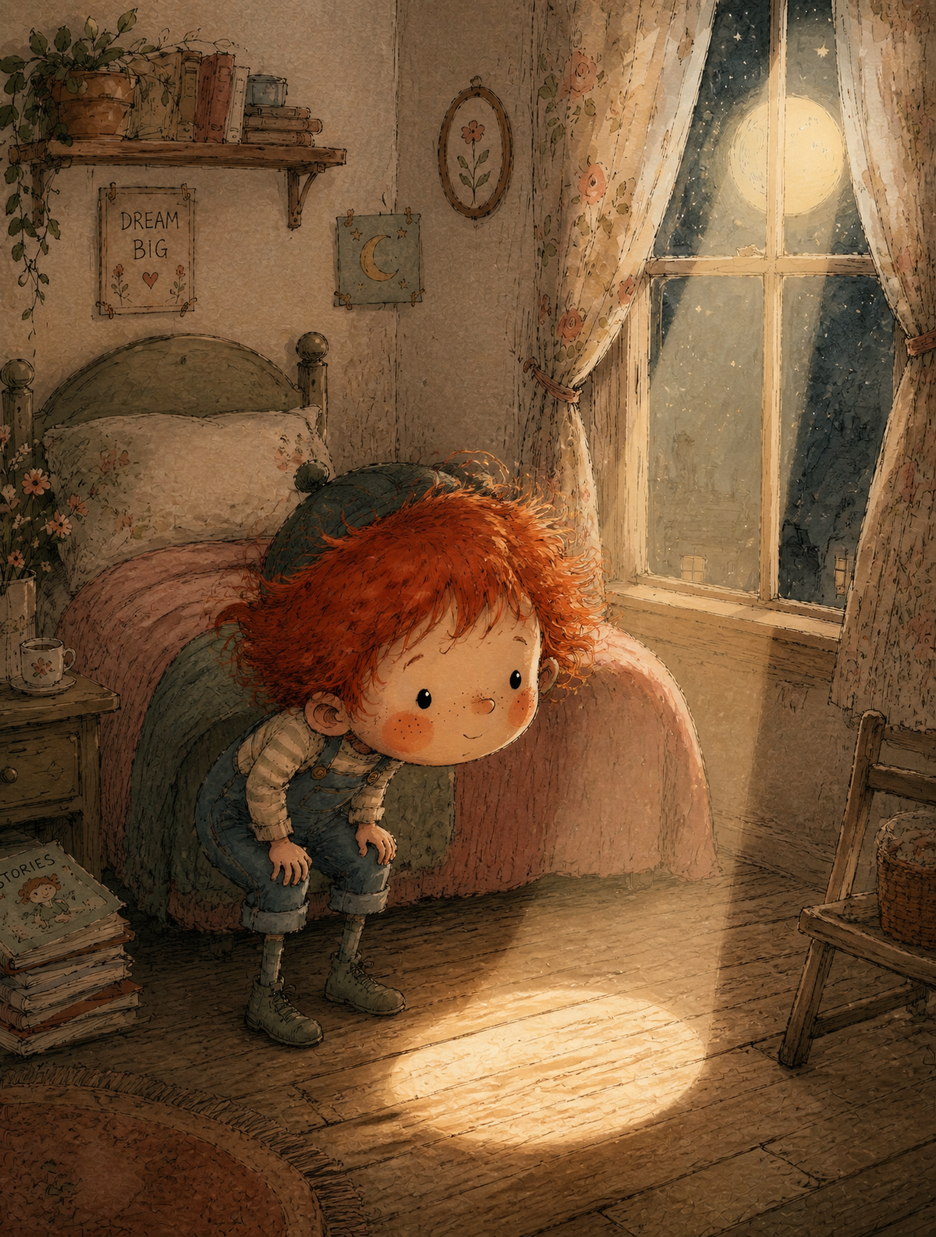 A young boy with wild red hair, freckles, rosy round cheeks, wearing denim overalls and a…