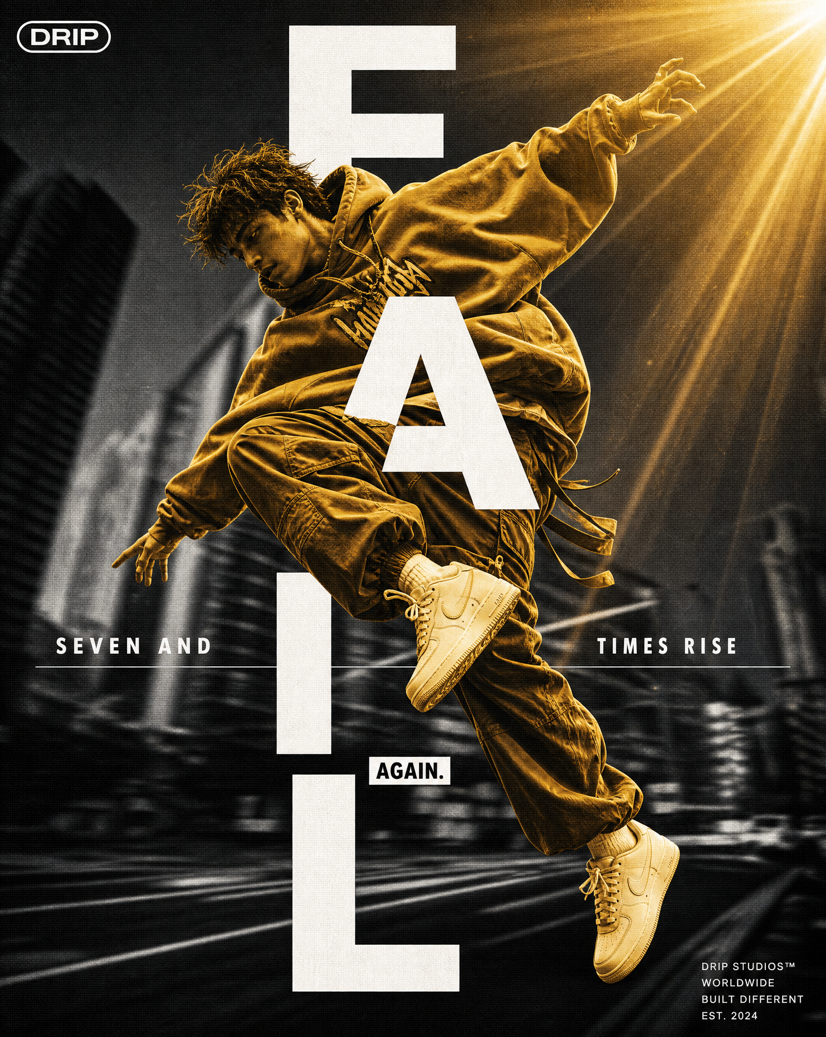 Prompt:"Streetwear fashion poster design, dynamic action shot of a young man captured mid…