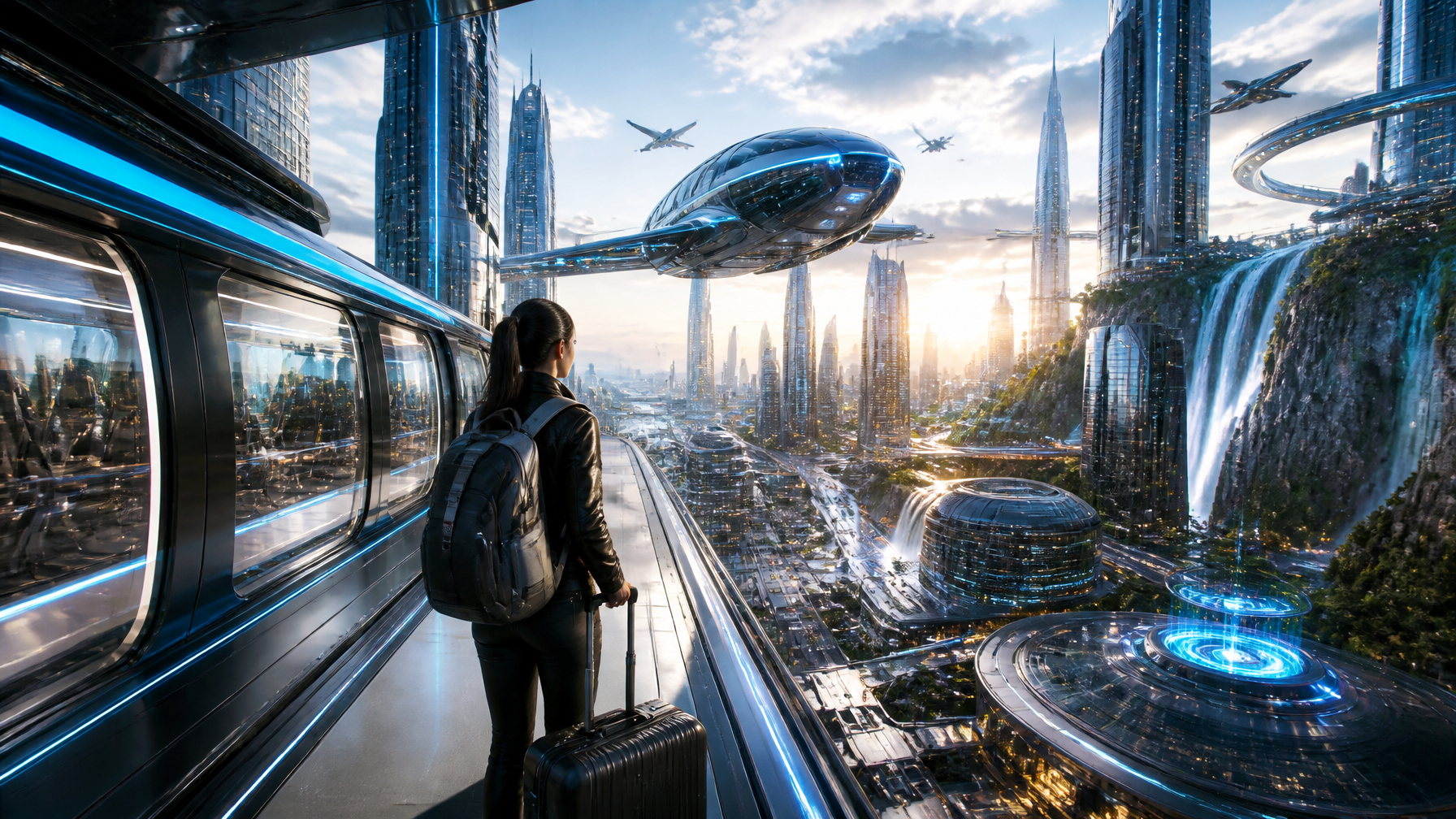 Prompt:Ultra-realistic futuristic travel scene, a stylish traveler journeying between two…