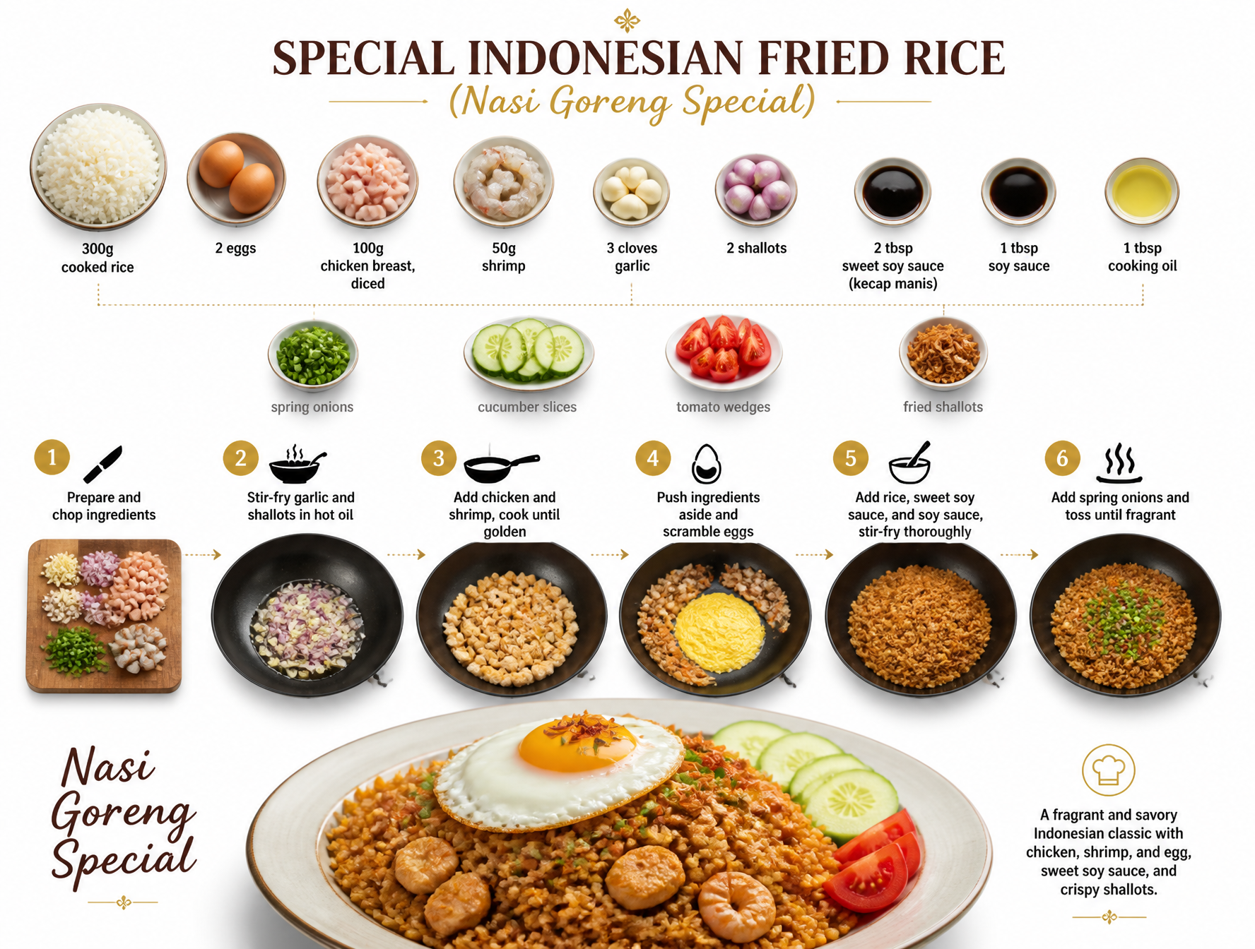 Create a step-by-step recipe infographic for Special Indonesian Fried Rice (Nasi Goreng S…