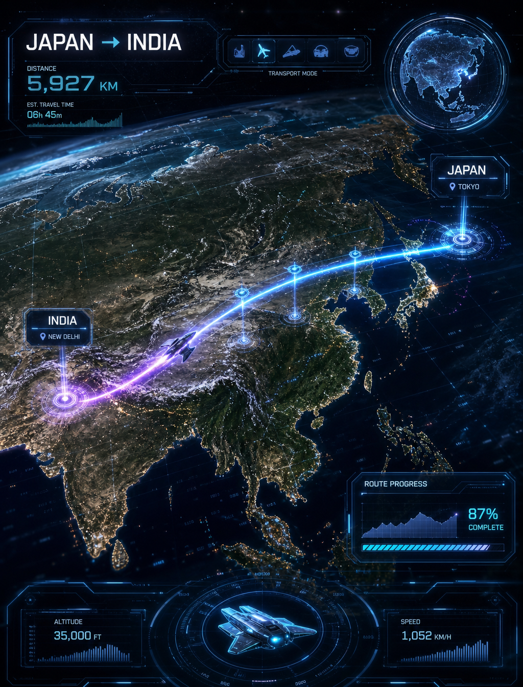 Prompt:Create a futuristic sci-fi travel route visualization showing a journey from [JAPA…