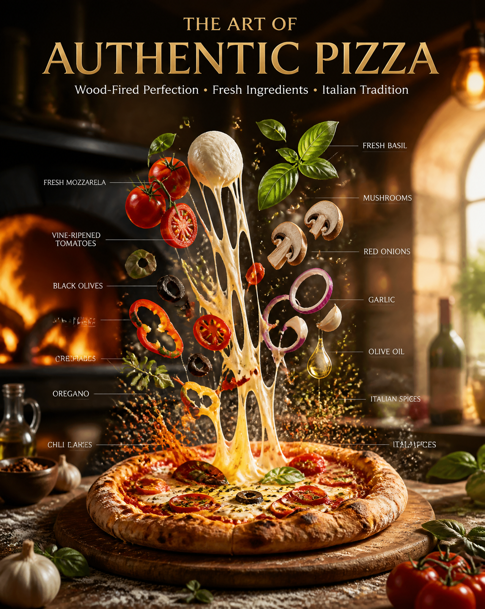 Ultra-realistic cinematic food photography of an authentic artisan pizza, presented as a …