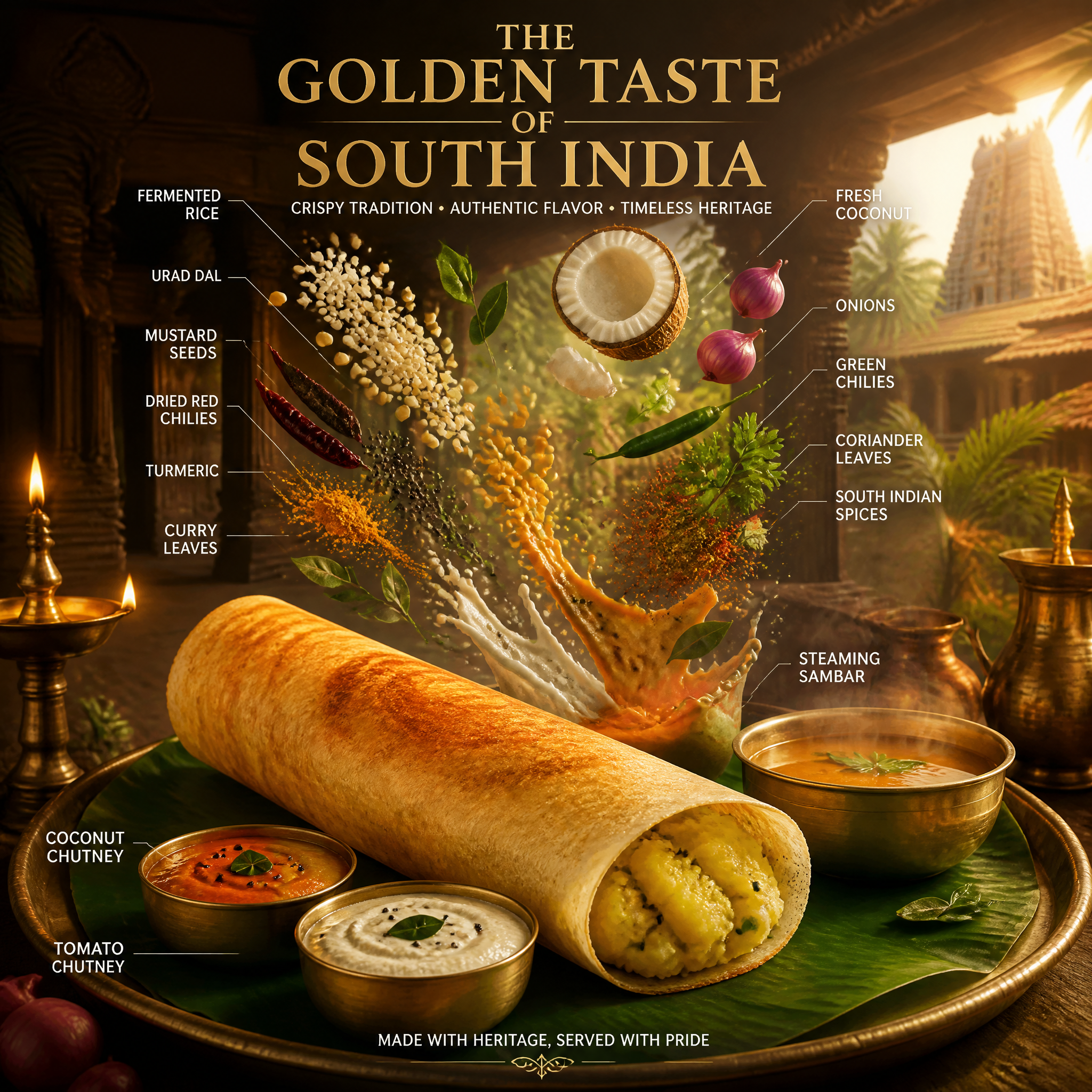 Ultra-realistic cinematic food photography of authentic South Indian Masala Dosa, present…