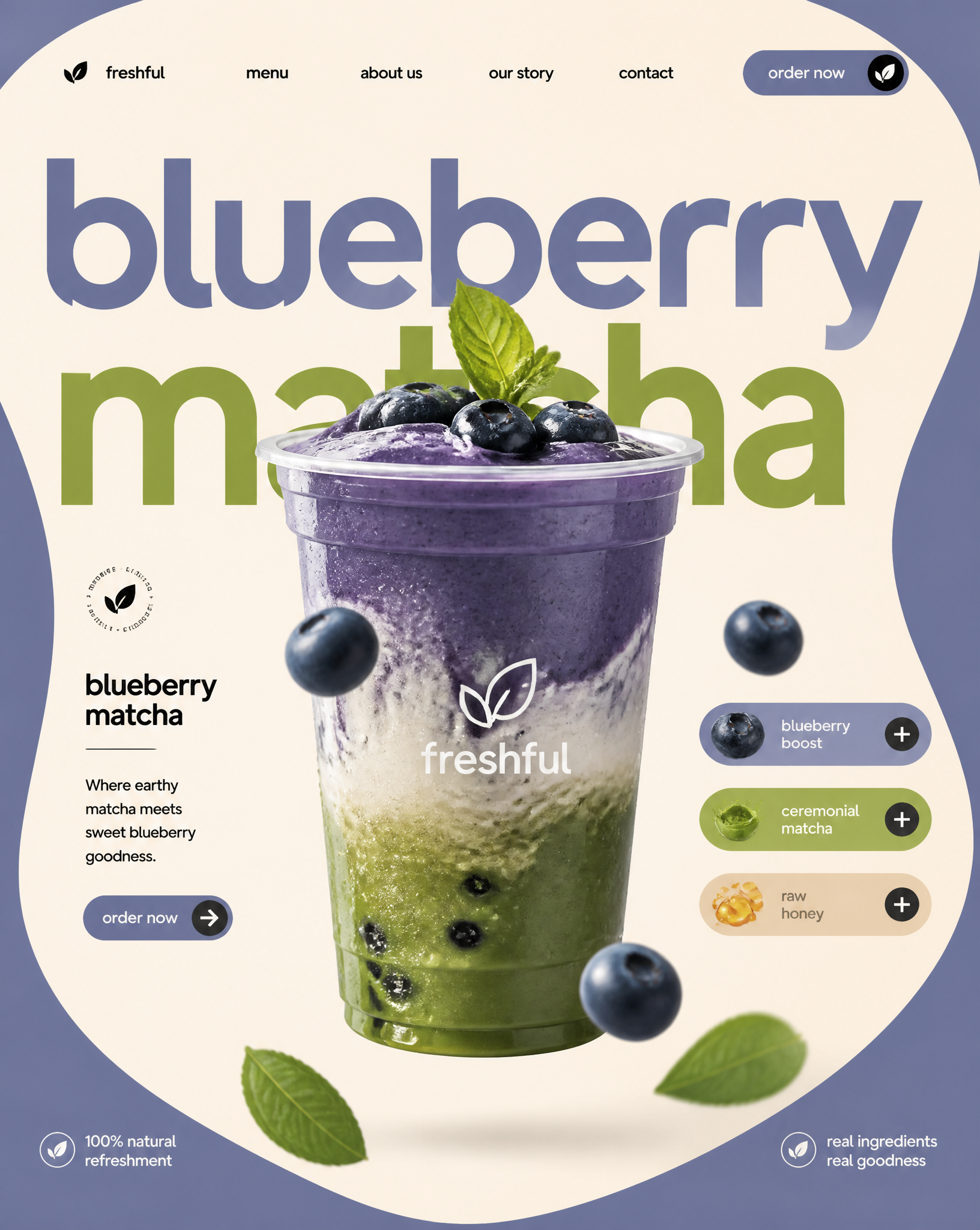 blueberry matcha STYLE & ART DIRECTION: Modern minimalist food advertising aesthetics, Sw…