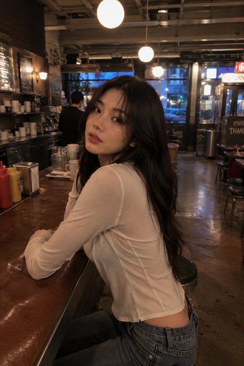 Ultra-realistic candid lifestyle photograph of a stunning young woman inside a stylish in…