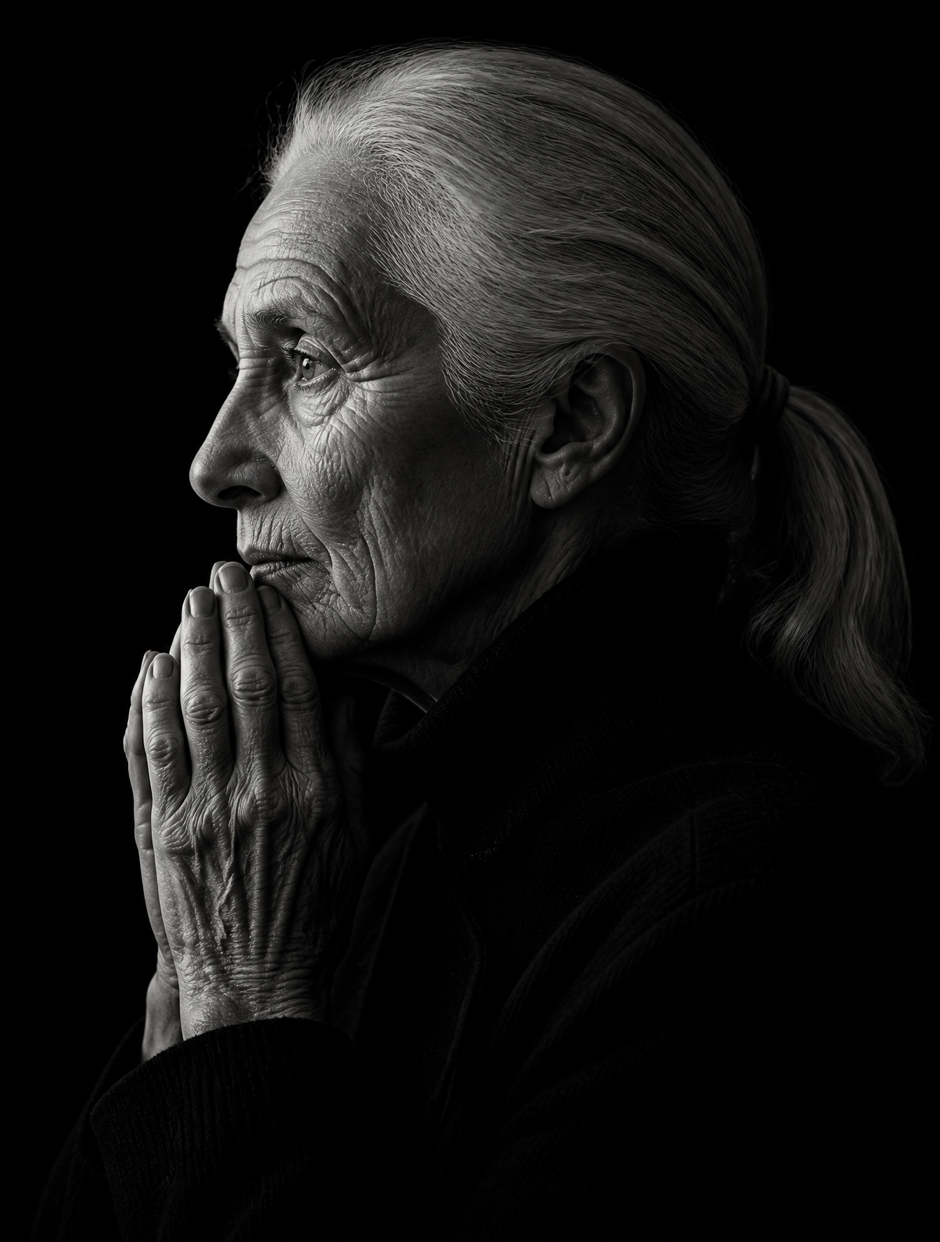 Create a dramatic black-and-white fine-art studio portrait of an elderly woman in left-fa…