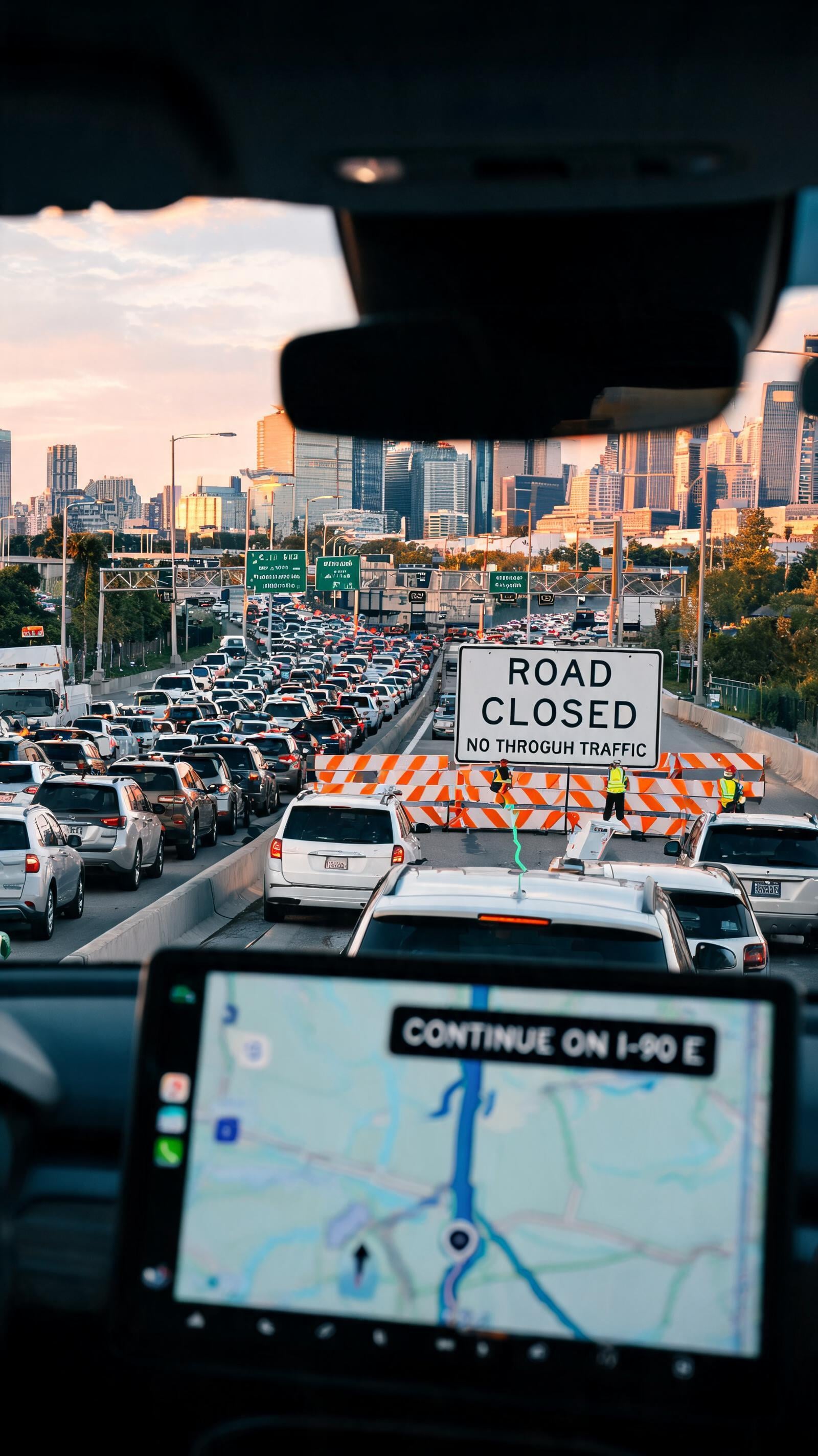 Large realistic highway closure in a modern city while navigation systems and traffic con…