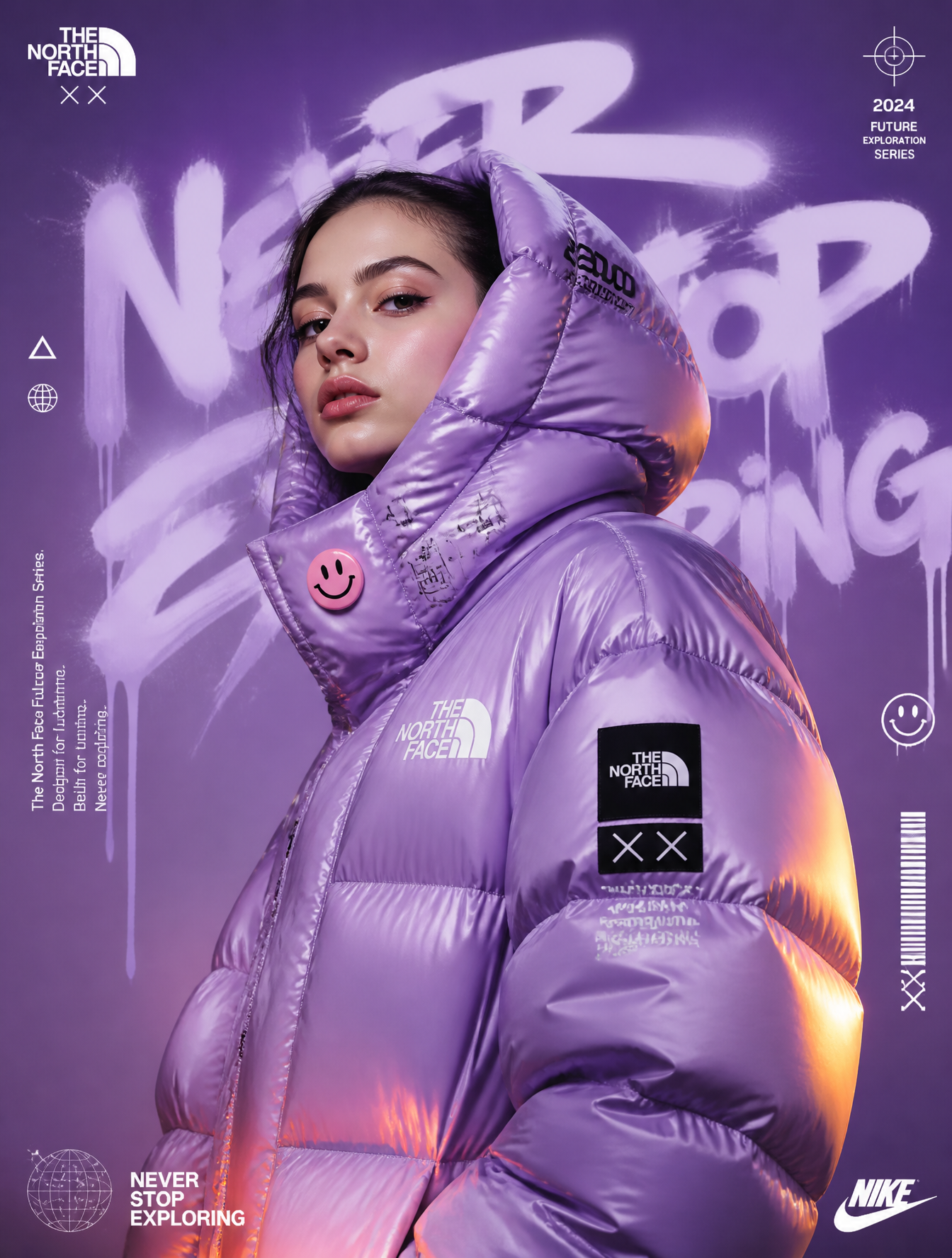 🎨 Main PromptUltra-realistic futuristic streetwear fashion advertisement poster, featurin…