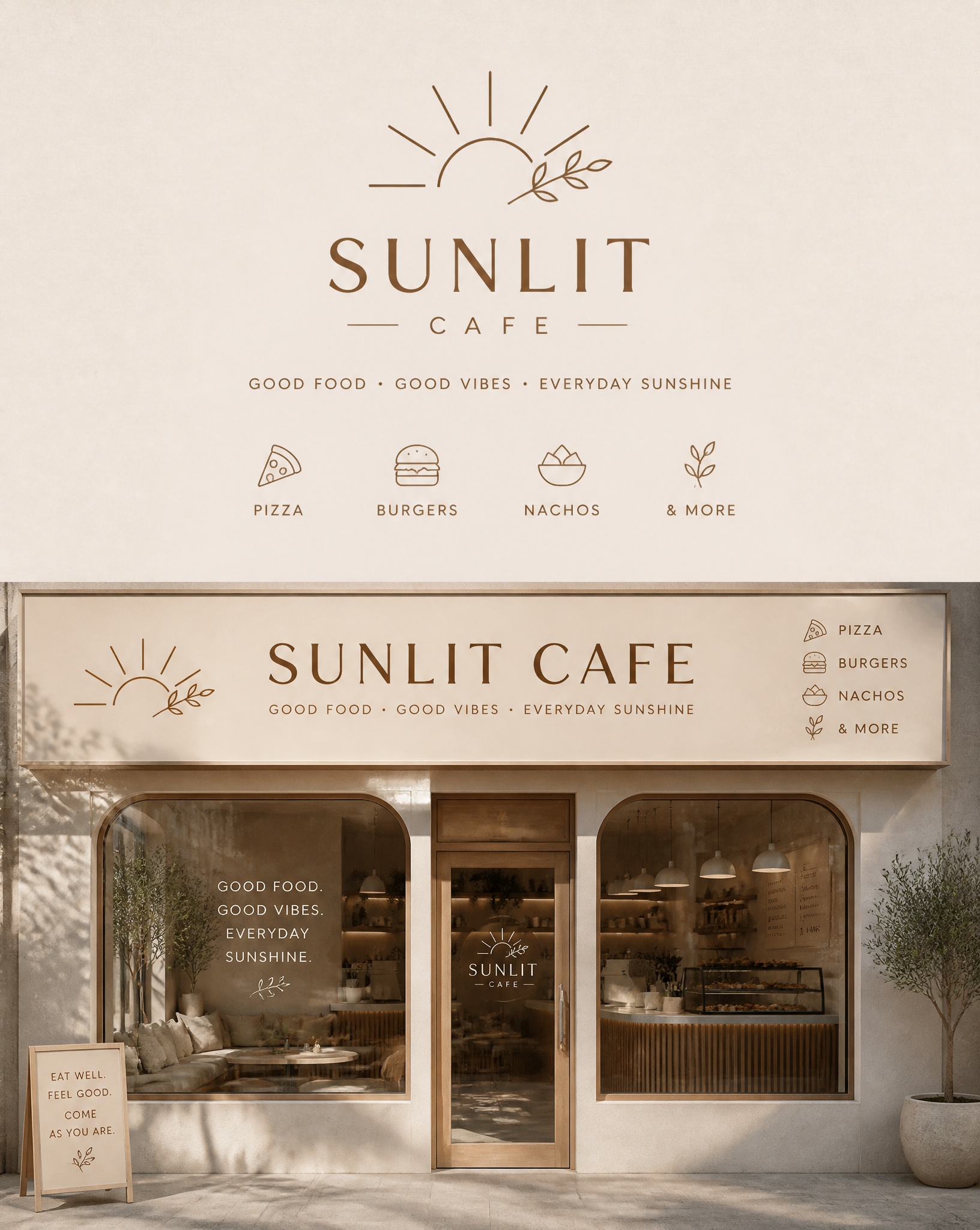 Create a logo and front hoarding design for our cafe. The name of the cafe is Sunlit Cafe…