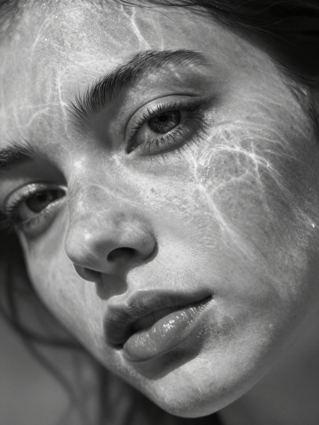 A hyperrealistic 8K black and white extreme close-up portrait of a young Italian woman's …