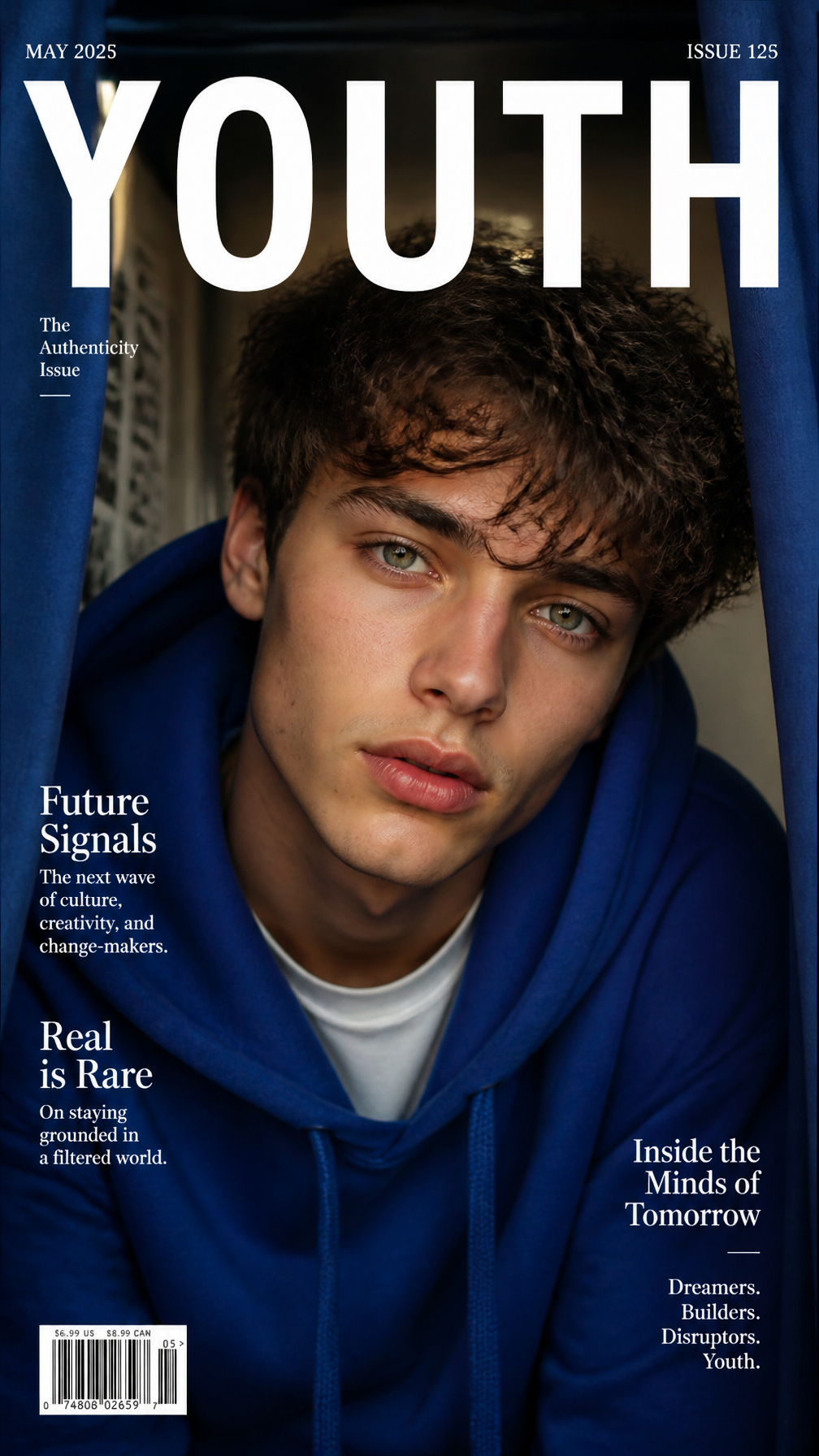 A premium 9:16 fashion magazine cover.Main Subject:A young male model sitting inside a re…