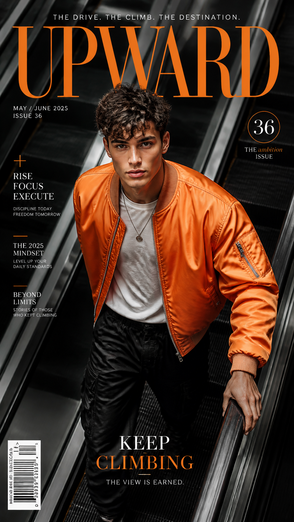 A premium 9:16 streetwear magazine cover.Main Subject:A confident young male model ascend…