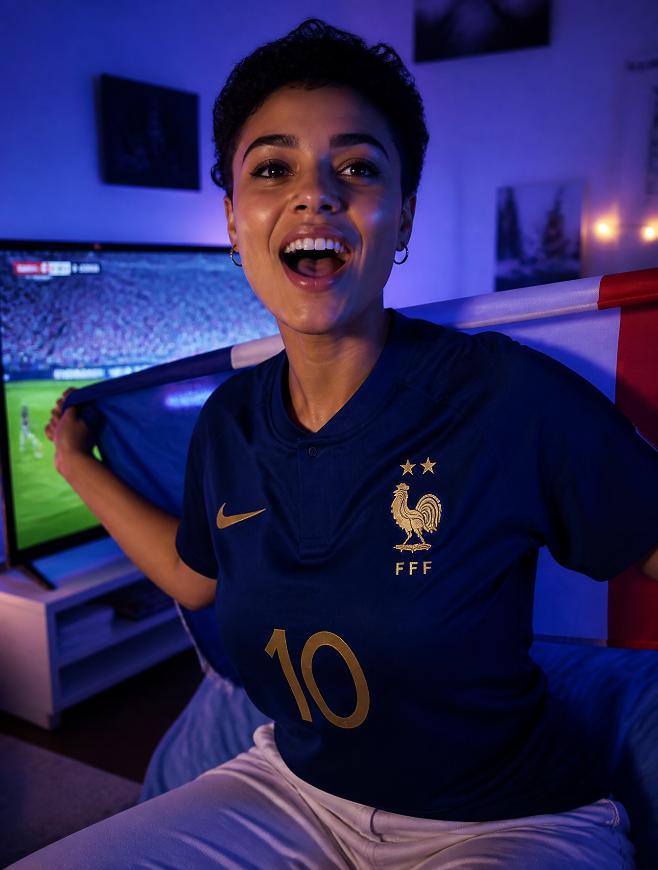 A stylish young French woman with short natural hair, wearing blue France football jersey…