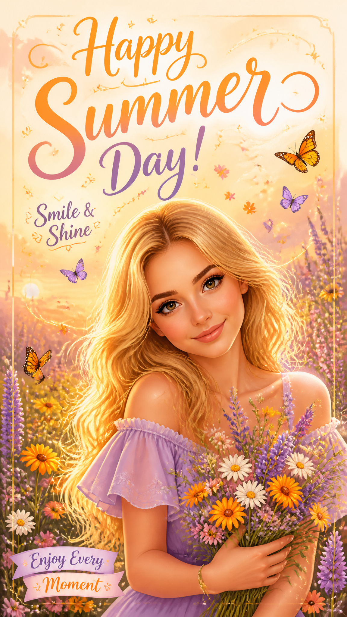Create a cheerful summer greeting card in true vertical 9:16 format.IMPORTANT:Use the upl…