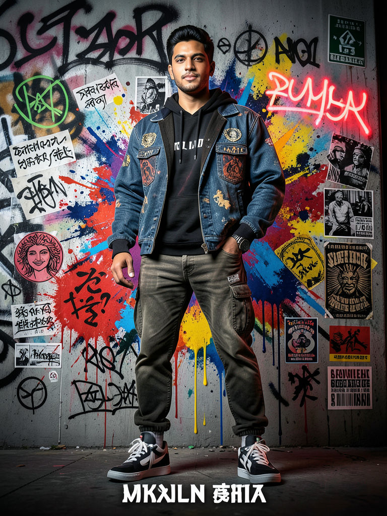 Create a high-detail portrait poster in a bold Japanese graffiti-inspired art style, comb…