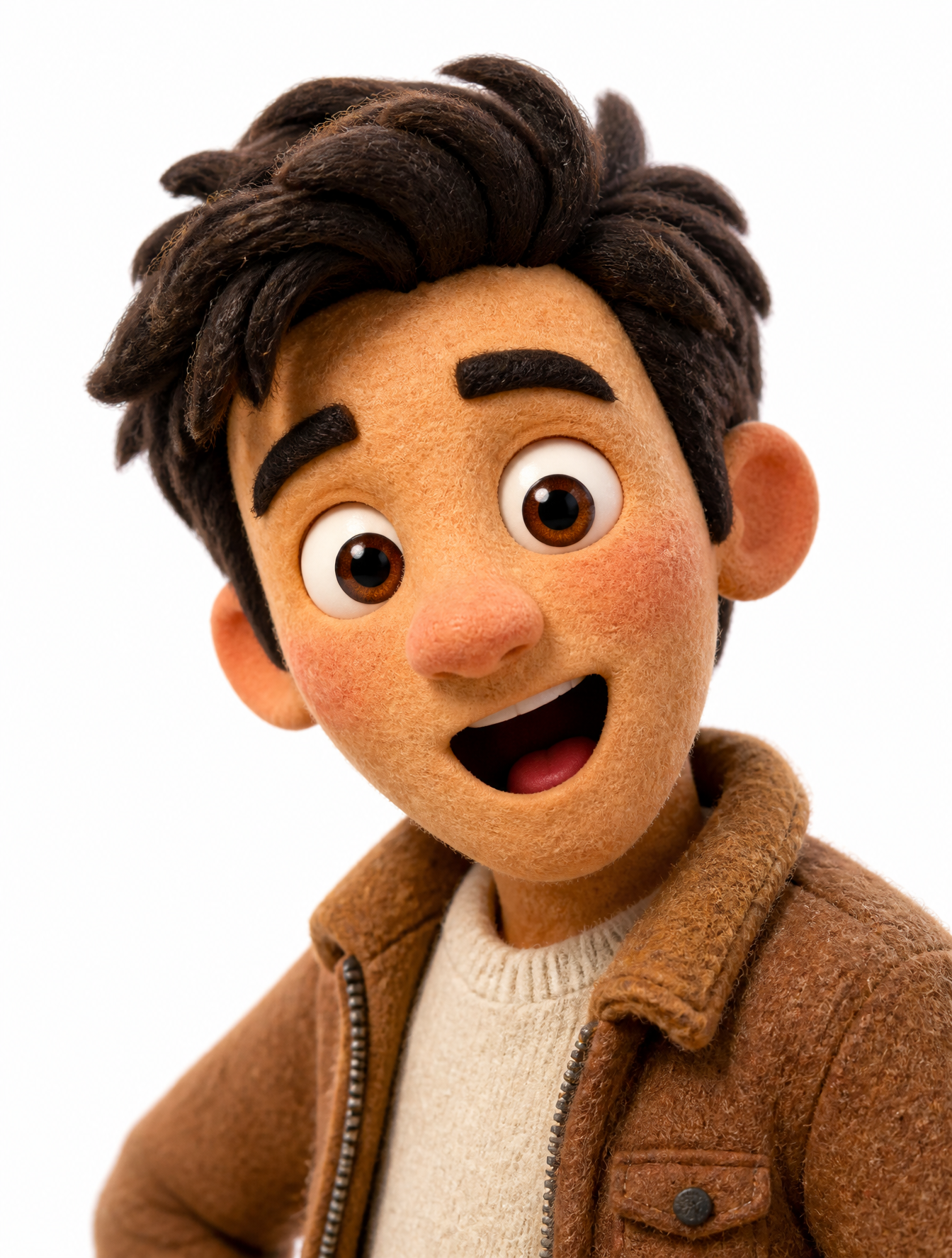 Transform the uploaded image into a stylized 3D realistic claymation character. Soft felt…