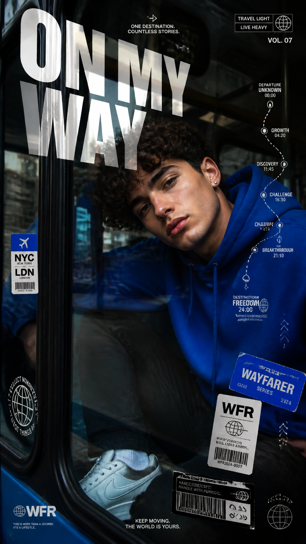 A premium 9:16 streetwear editorial advertising poster.Main Subject:A young male model si…