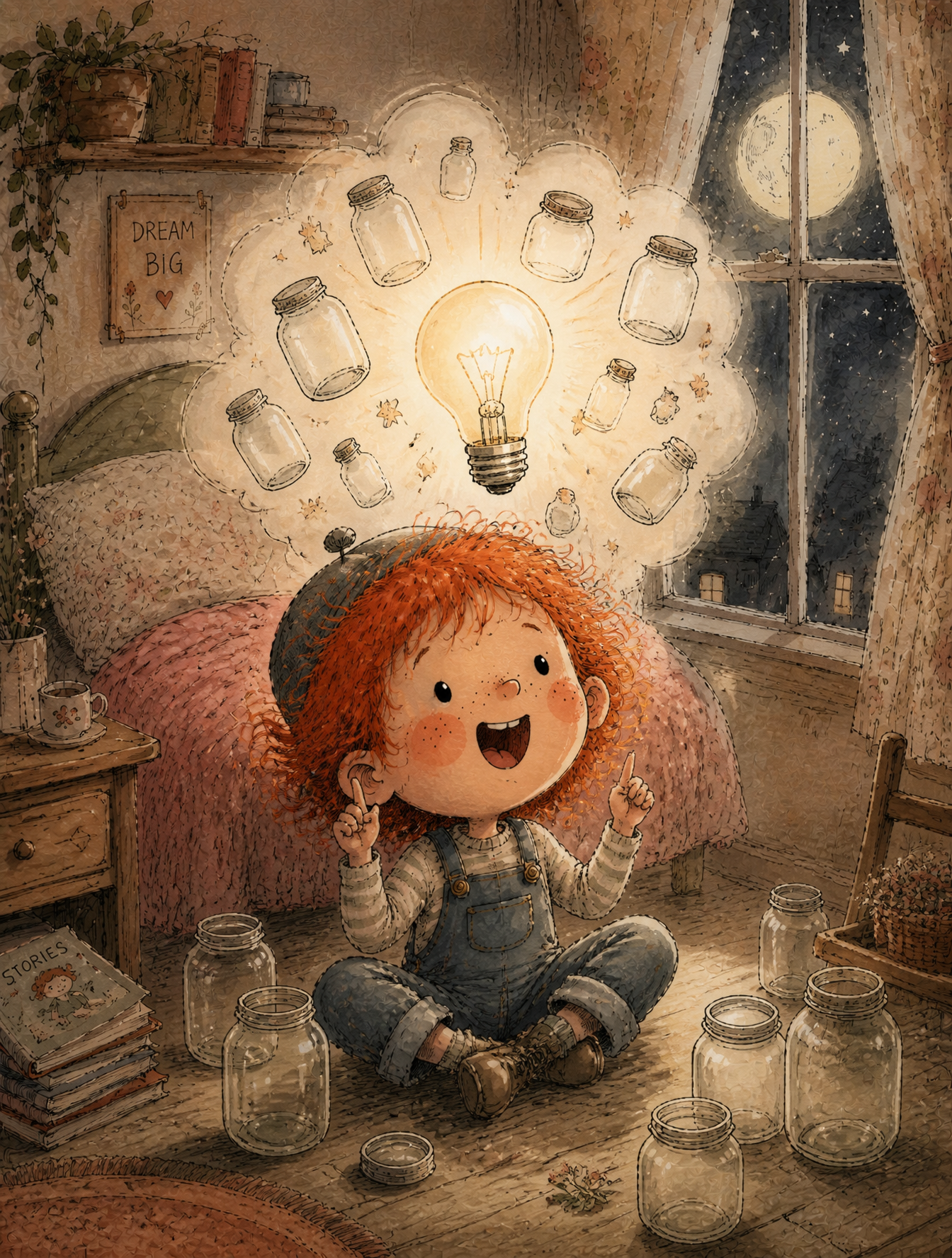 A young boy with wild red hair, freckles, rosy round cheeks, wearing denim overalls and a…