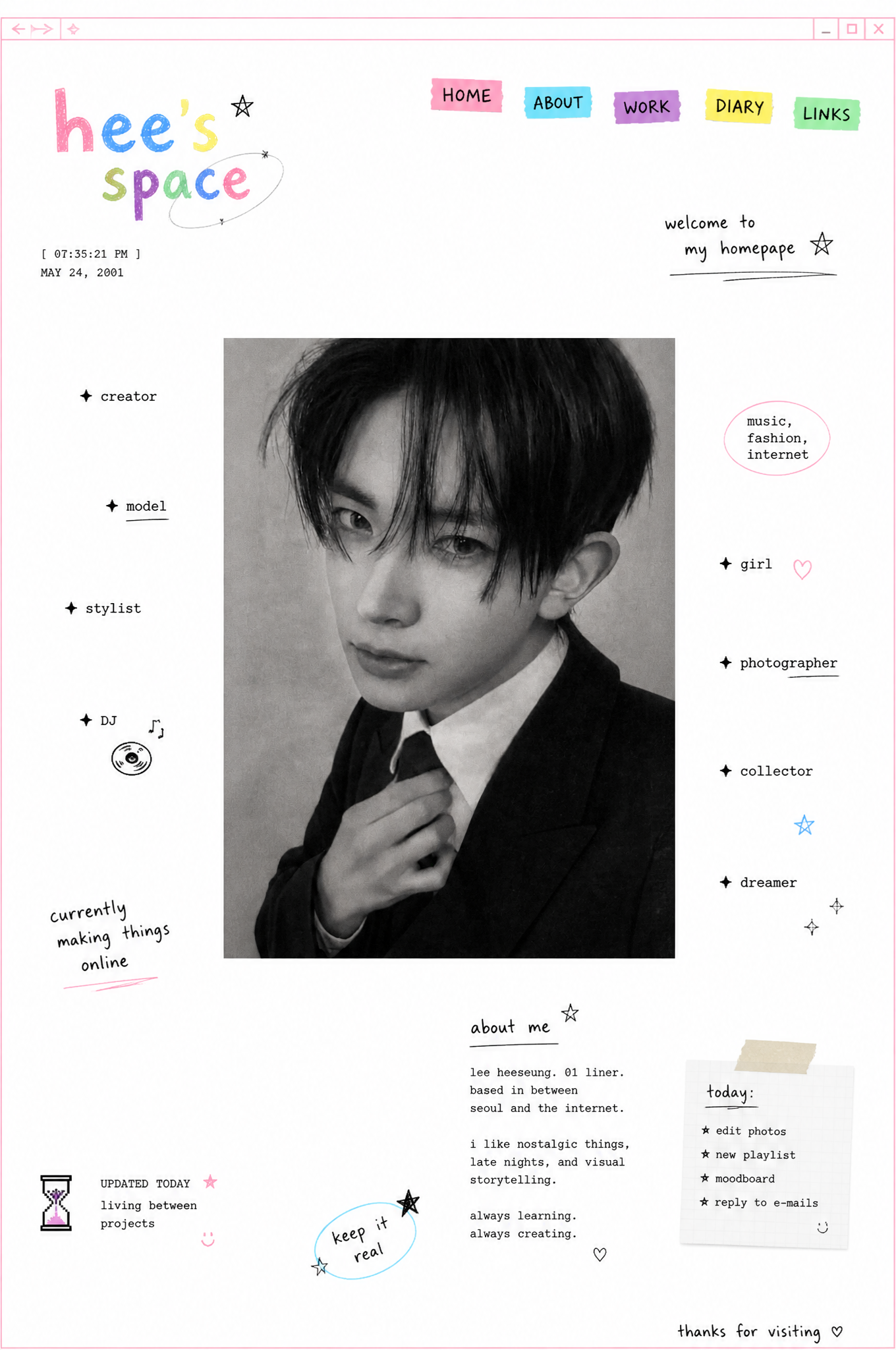Design a minimal early-internet personal profile webpage / digital portfolio landing page…