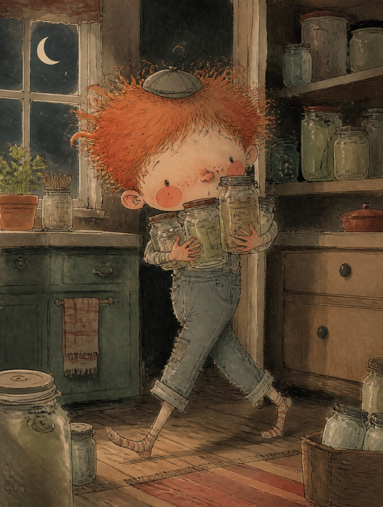 A young boy with wild red hair, freckles, rosy round cheeks, wearing denim overalls and a…